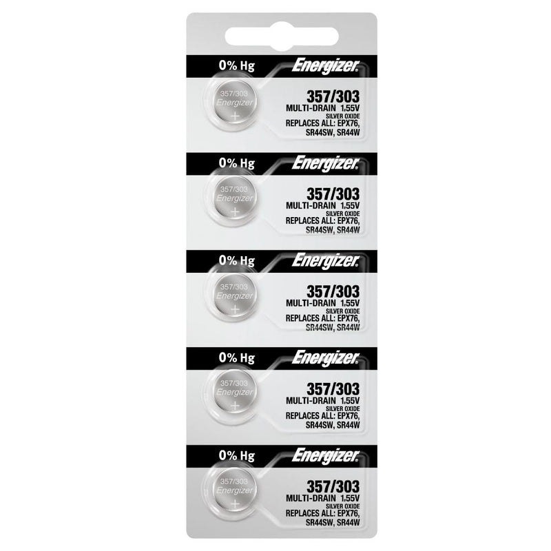[357/303TZ-BP5] Energizer 357/303 1.55V Silver Oxide Watch Battery (SR44W, SR44SW,EPX76) Strip of 5
