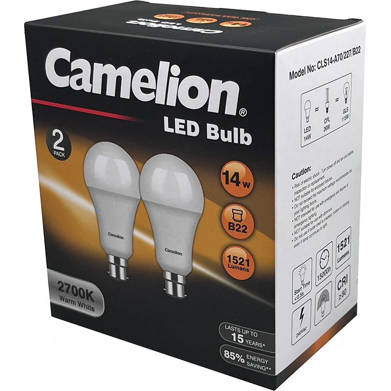 Camelion Led Light Globe 14w 240v Bayonet 2pk - Warm 2700k CACLS14B22W/2