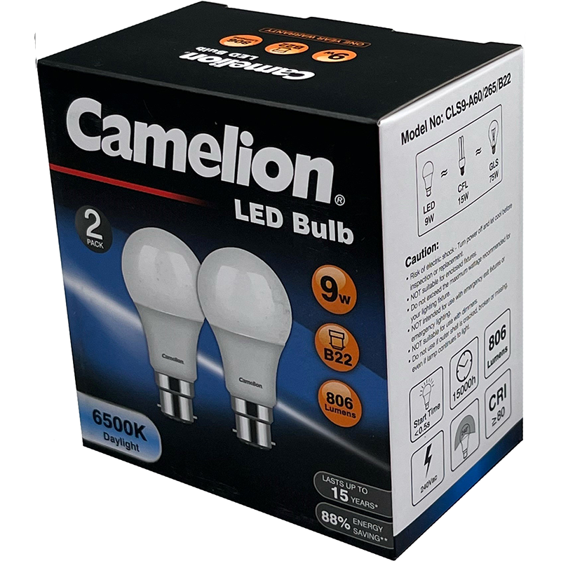 CAMELION LED LIGHT GLOBE 9W 240V BAYONET 2PK - DAYLIGHT 6500K CACLS9B22D/2