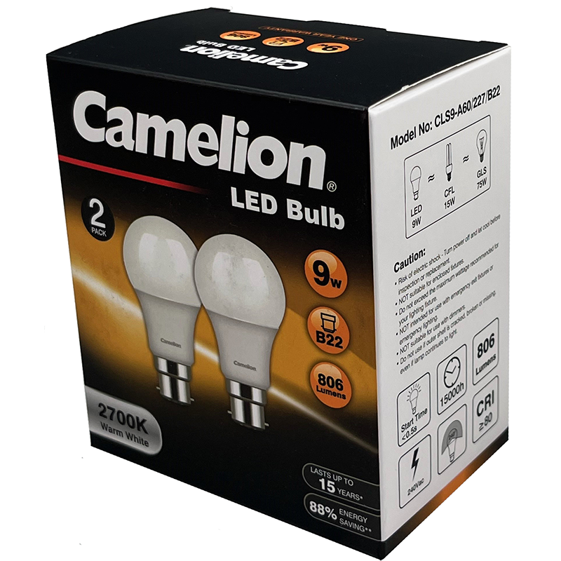 Camelion Led Light Globe 9w 240v Bayonet 2pk - Warm 2700k CACLS9B22W/2