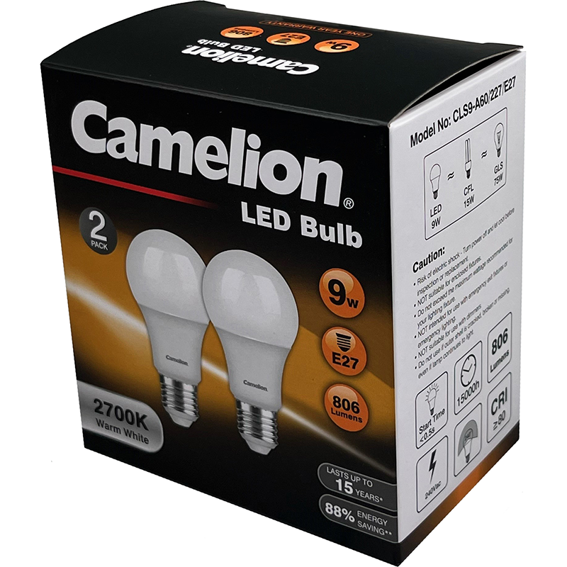 Camelion Led Light Globe 9W 240V EDISON 2PK - Warm 2700k CACLS9E27W/2