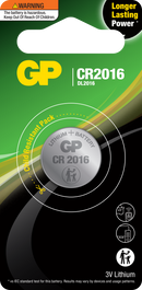 GP CR2016 3V 90mAh Lithium (LiMnO2) Coin Cell Battery - Card of 1