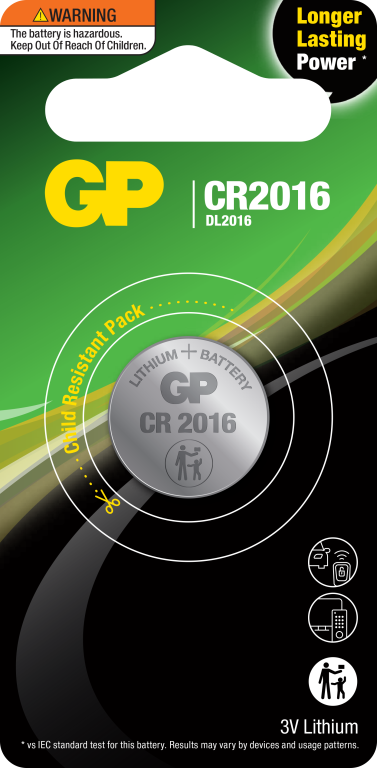 GP CR2016 3V 90mAh Lithium (LiMnO2) Coin Cell Battery - Card of 1