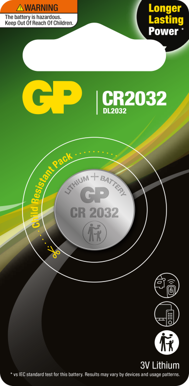 GP CR2032 3V 220mAh Lithium (LiMnO2) Coin Cell Battery - Card of 1
