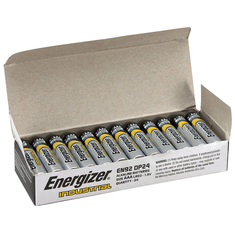 Energizer AAA batteries Industrial Bulk Box of 24 hero image of the open box showing the batteries