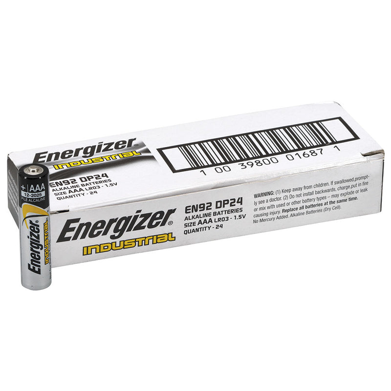Energizer Industrial AAA batteries Bulk Box of 24 showing 1 battery and closed box