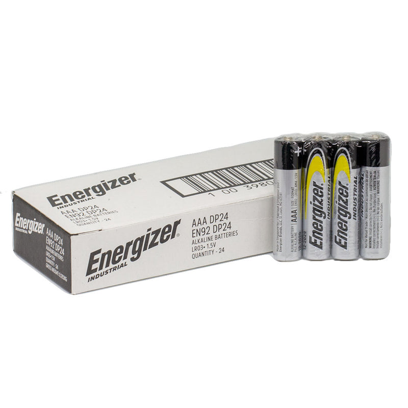 Energizer Industrial AAA batteries Bulk Box of 24 showing batteries shrinked in 4