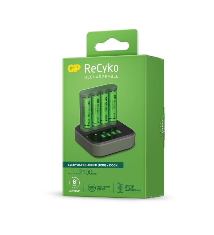 GP Recyko 4 bay USB Charger - Including charging dock and 4 x NiMH AA Batteries