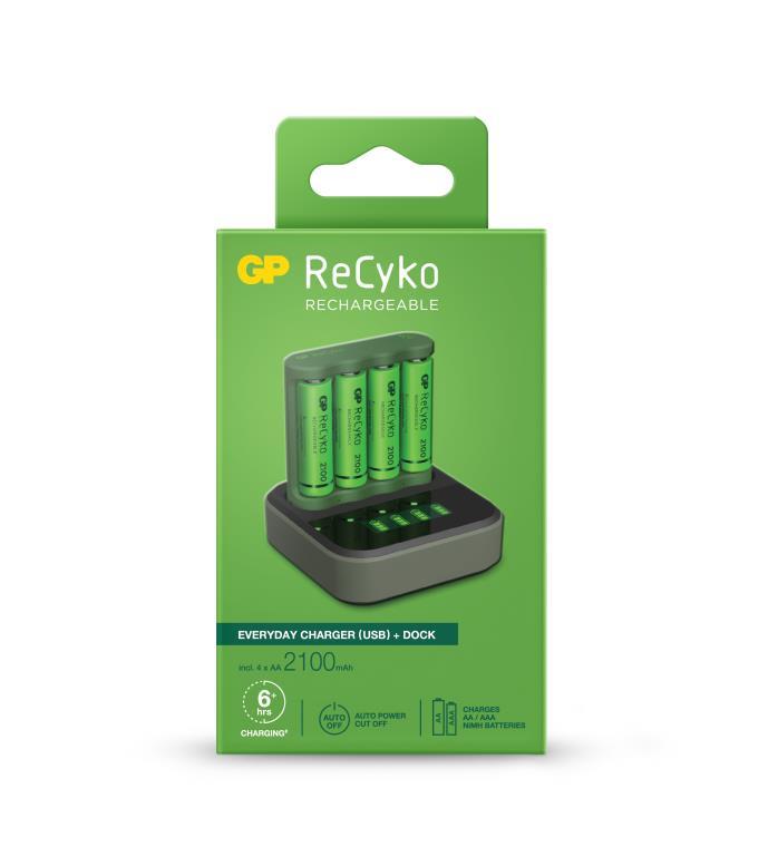 GP Recyko 4 bay USB Charger - Including charging dock and 4 x NiMH AA Batteries