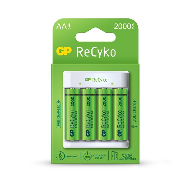GP Recyko 4 bay USB Charger - Including 4 x NiMH AA Batteries