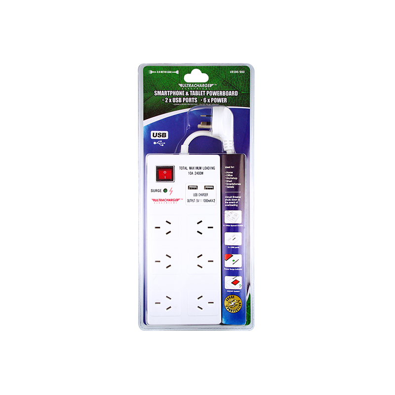 Ultracharge 6 Way Surge Protected Board With USB UR100/6SU