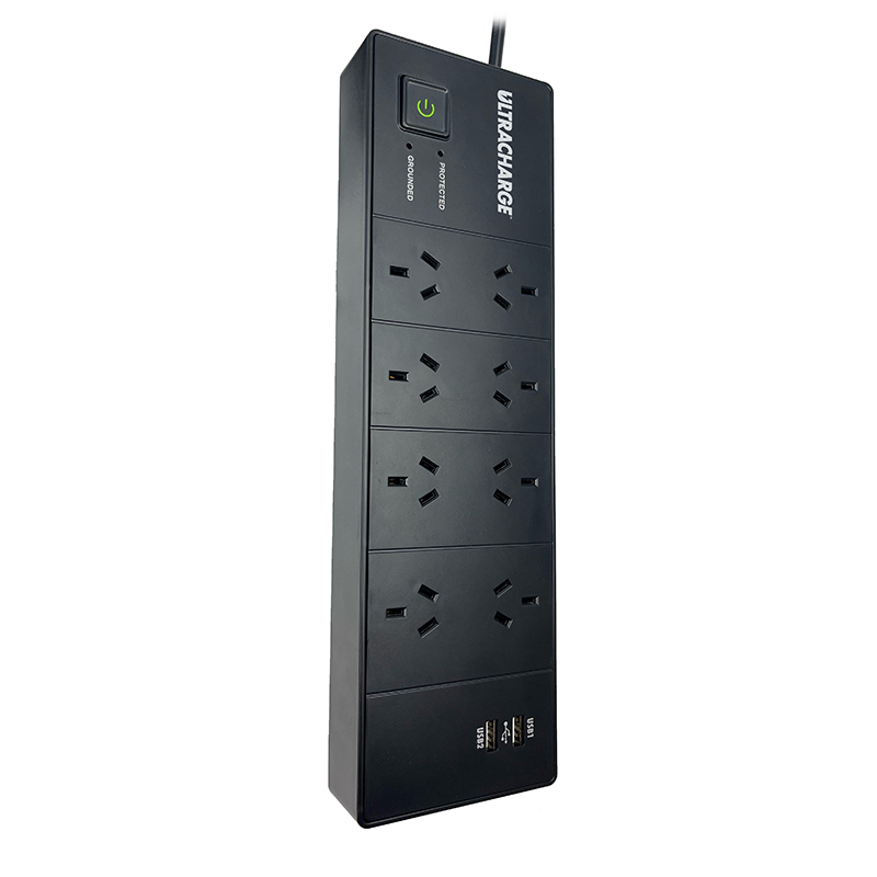 Ultracharge 8 Way Surge Protected Board With 2x USB Black UR100/8SUB