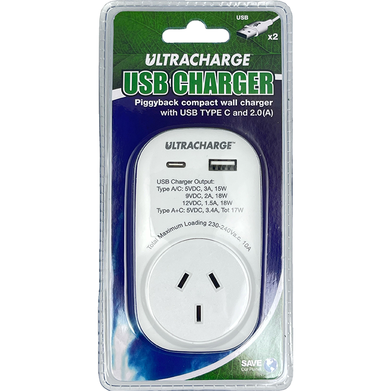 Ultracharge Power Adaptor With Dual USB Ports Inc Type C UR100USB/C