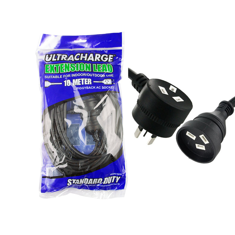 Ultracharge 10m Black Extension Lead With Piggy Back Plug UR240/10PB