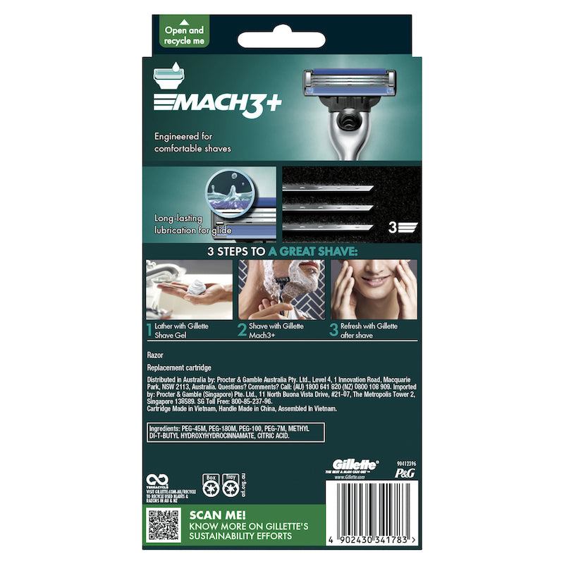 Mach3 Smooth Razor Gillette Mach3+ Razor 1 Handle + 2 Cartridges