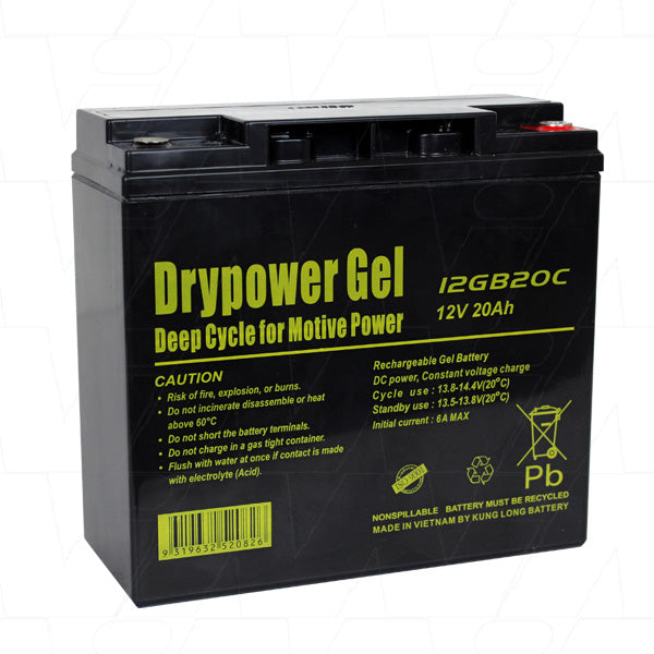 Drypower 12GB20C 12V 20Ah Sealed Lead Acid Gel Deep Cycle Battery