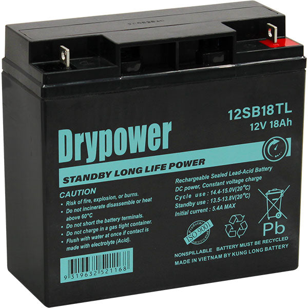 12V 18Ah Drypower Long Life Standby AGM Battery - 6-9 Year Design Life