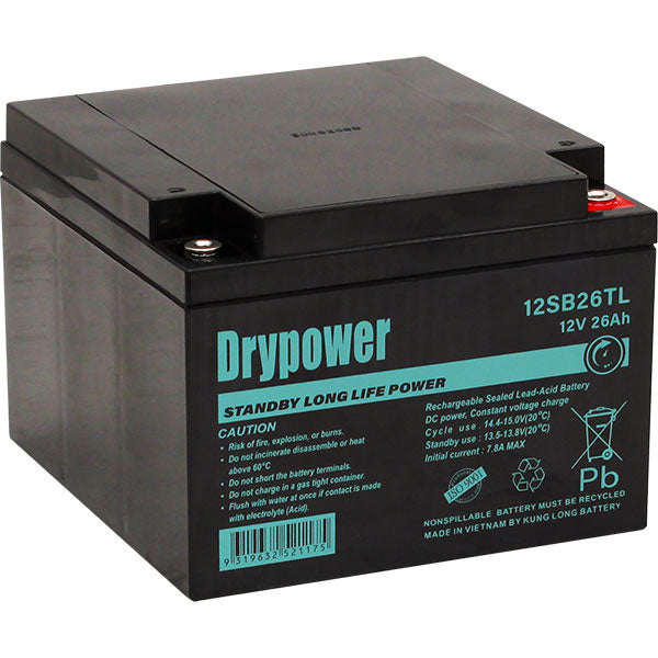 12V 26Ah Drypower Long Life Standby AGM Battery - 6-9 Year Design Life
