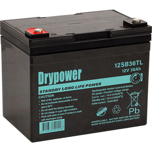 12V 36Ah Drypower Long Life Standby AGM Battery - 6-9 Year Design Life