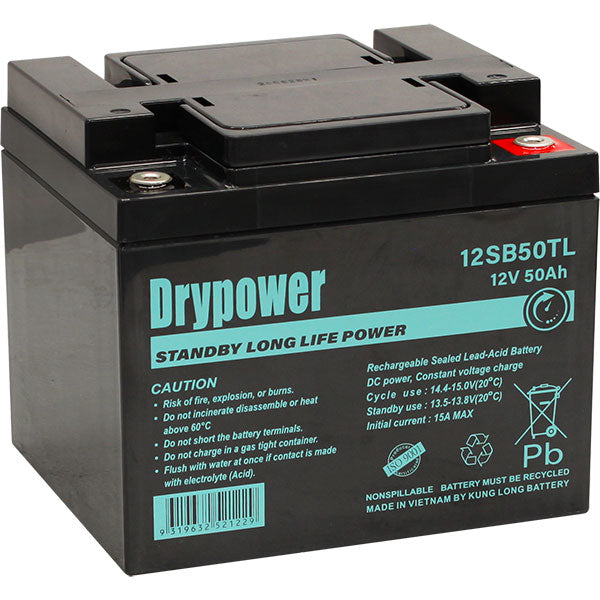 12V 50Ah Drypower Long Life Standby AGM Battery - 6-9 Year Design Life