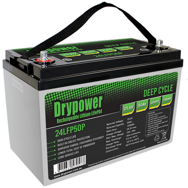 Drypower 25.6V 50Ah Lithium Iron Phosphate (LiFePO4) Rechargeable Lithium Battery - Up to 2 in Series Capable