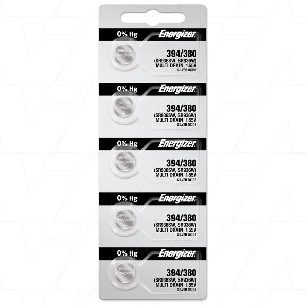 Energizer 394/380TZ-BP5 1.55V 64mAh Silver Oxide Watch Battery (SR936W, SR936SW) Strip of 5