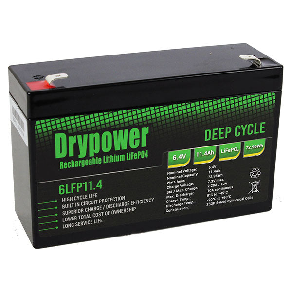 Drypower 6.4V 11.4Ah Lithium Iron Phosphate (LiFePO4) Rechargeable Lithium Battery - Up to 4 in Series Capable