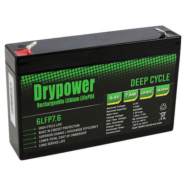 Drypower 6.4V 7.6Ah Lithium Iron Phosphate (LiFePO4) Rechargeable Lithium Battery - Up to 4 in Series Capable