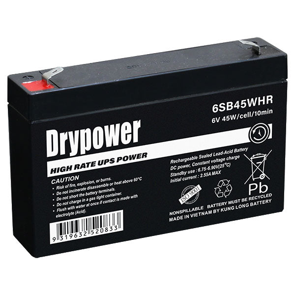 Drypower 6V 45W/Cell (10min) Sealed Lead Acid High Rate Battery for Standby and UPS