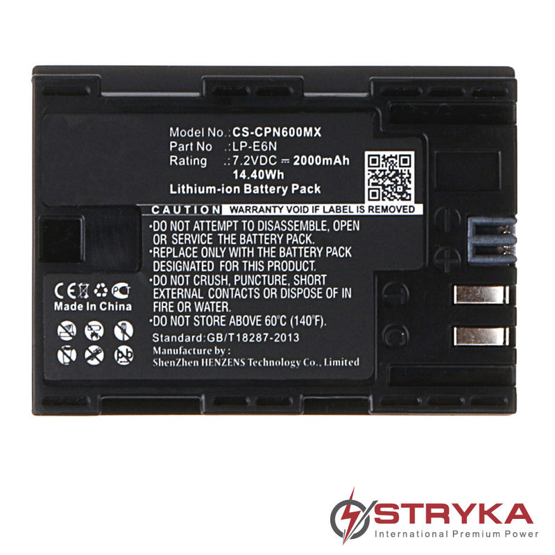 Stryka Battery to suit CANON LP-E6N 7.2V 2000mAh Li-ion