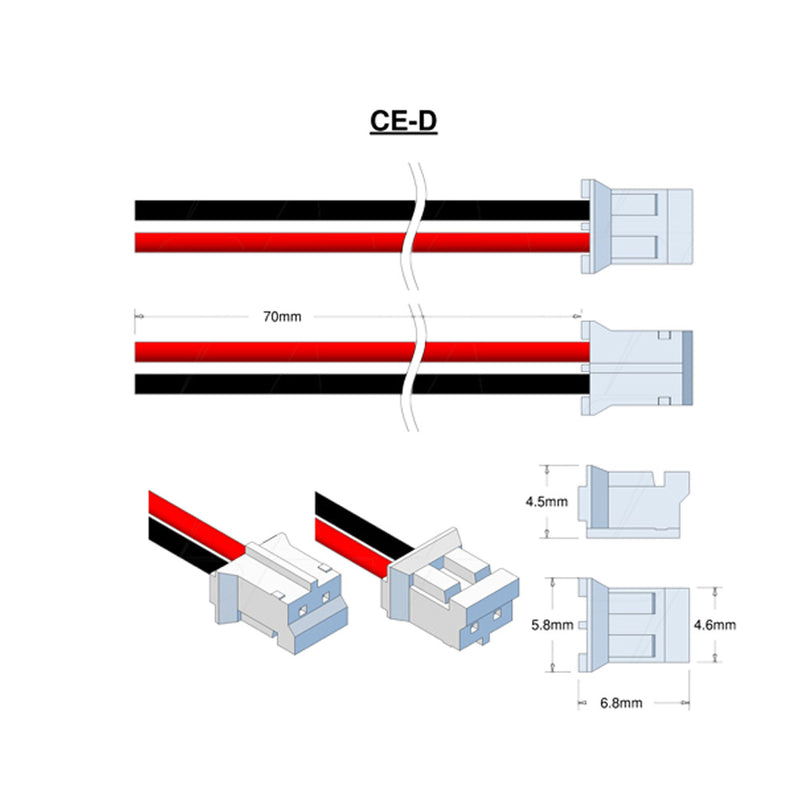 JST Type PHR2, Leads RED & BLACK=70mm STRIP & TIN.