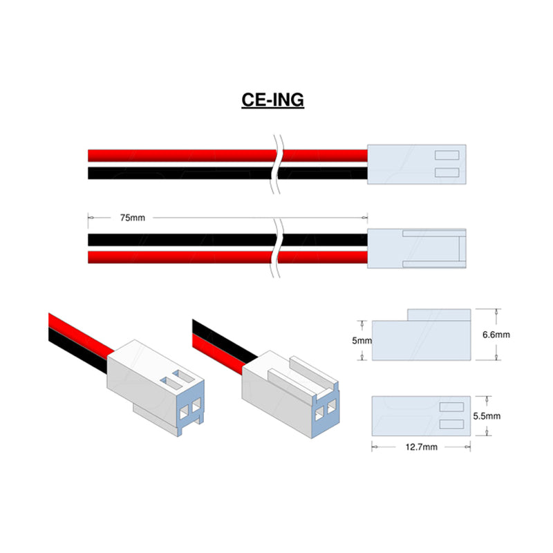 Molex Type 22-01-1023 (formerly 5051-2, E-5051-2M), Leads RED & BLACK=75mm, 6mm STRIP & TIN AWG24