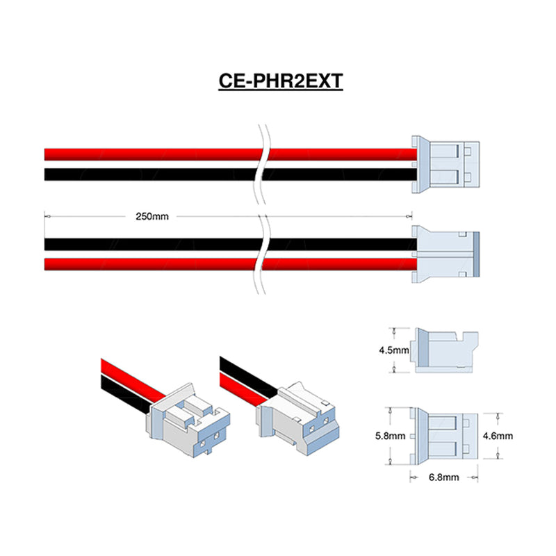 JST Type PHR-2, Leads BLACK (P1) & RED (P2)=250mm AWG24.