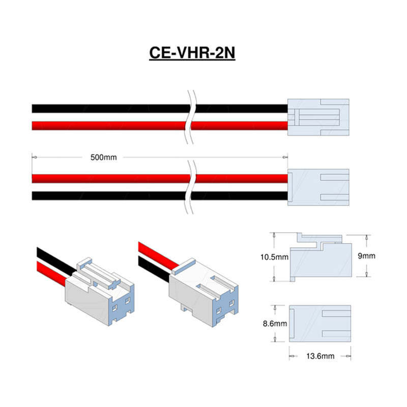 JST VHR-2N Male 2-PIN AWG20 with 500mm Red and Black leads