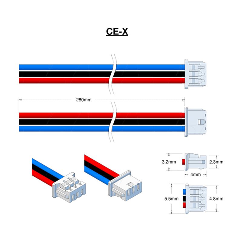 Molex Type 51021-0300 Blue (1), Black Middle and Red (3) 100mm 28AWG leads.