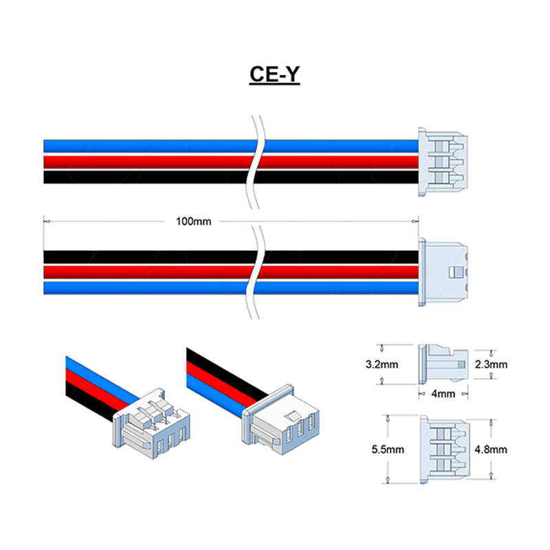 Molex Type 51021-0300 Blue (1), Red Middle and Black (3) 100mm 28AWG leads.