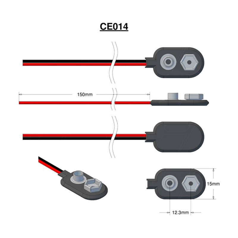 Misc 9 Volt Snap Connector with 150mm leads in 26AWG. UL1007, I Style