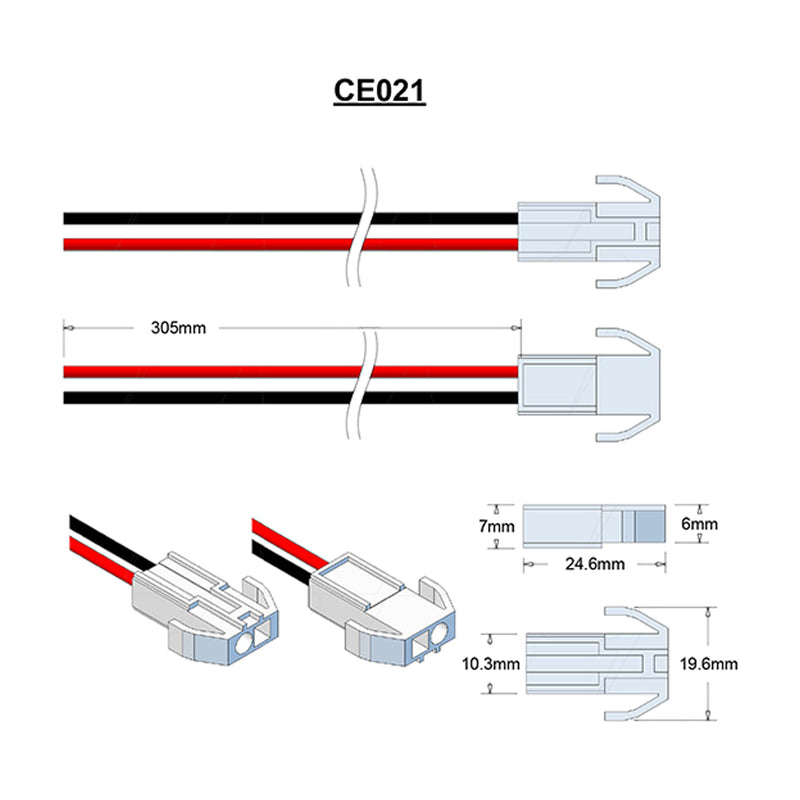 JST Type ELR-02V, 18AWG Leads, B-R=305mm, Cut