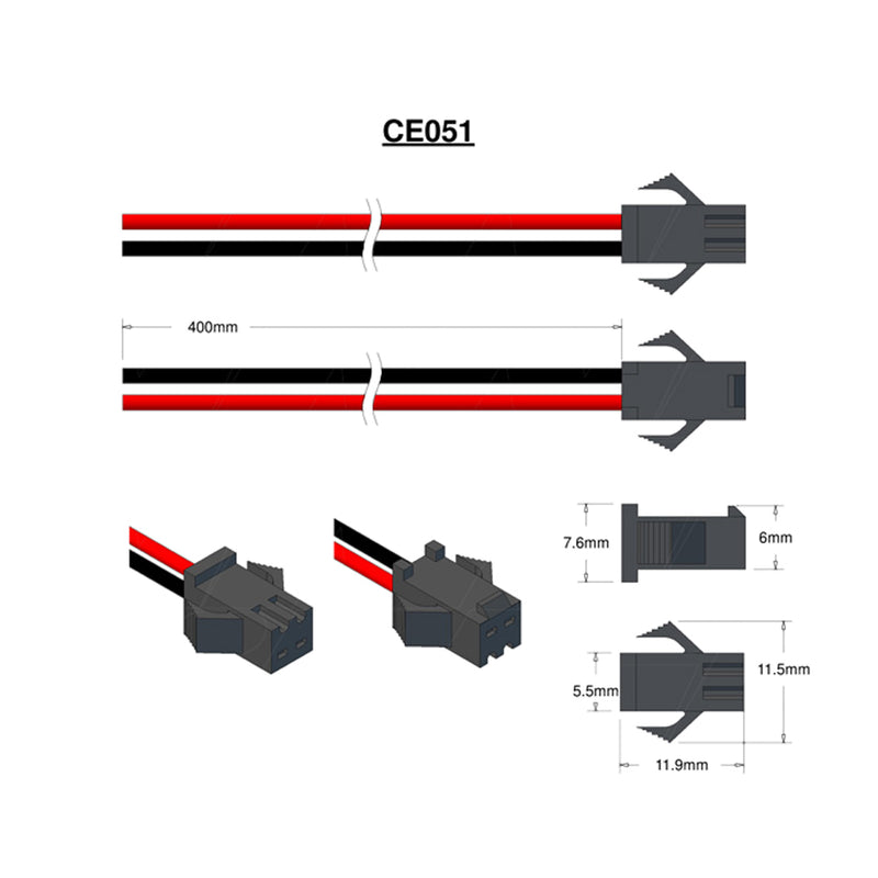 JST Type SMP-02V-BC 24AWG Red & Black 400mm Blunt Cut