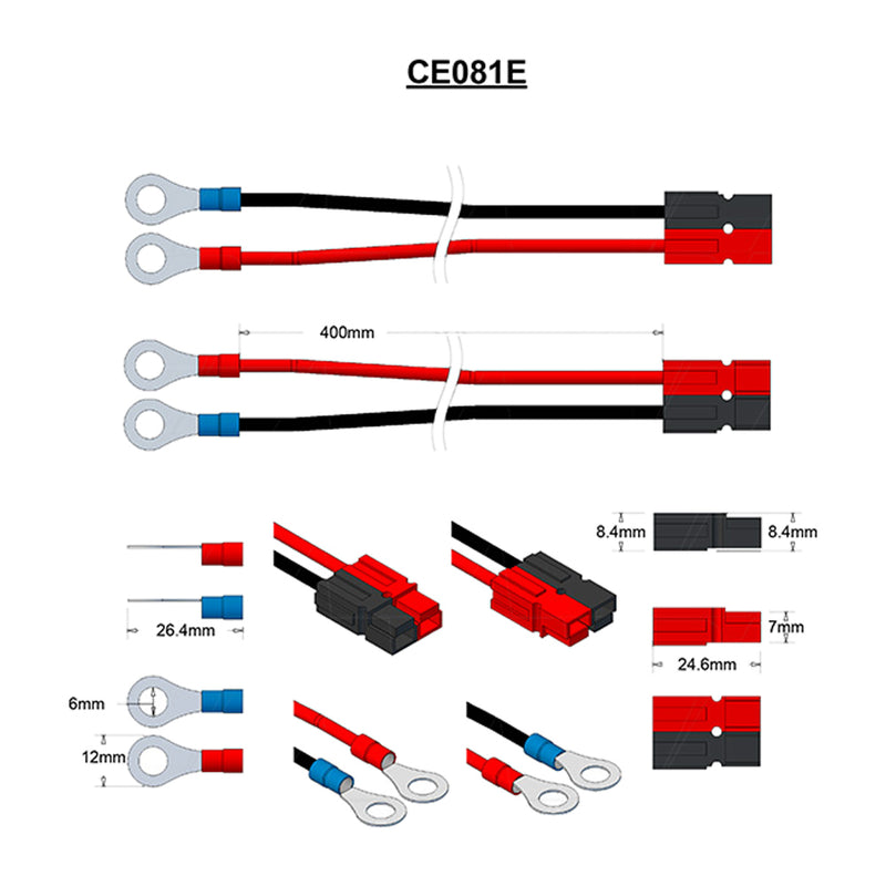 M6 6mm Ring Terminal to Anderson Connector 12AWG Black & Red 400mm 40A rated