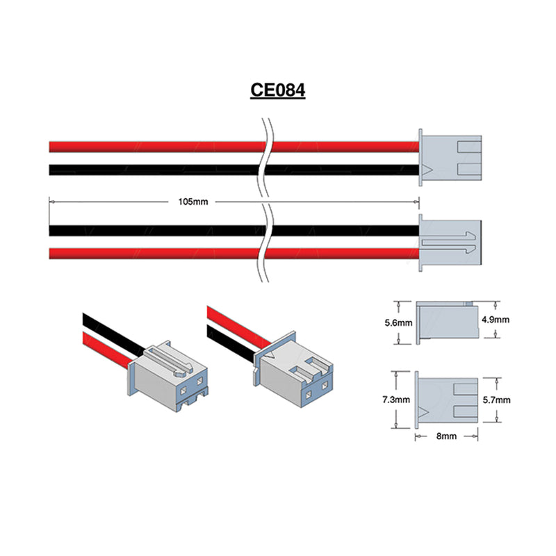 JST Assy XHP-2, 26 AWG, Black & Red 105mm leads.