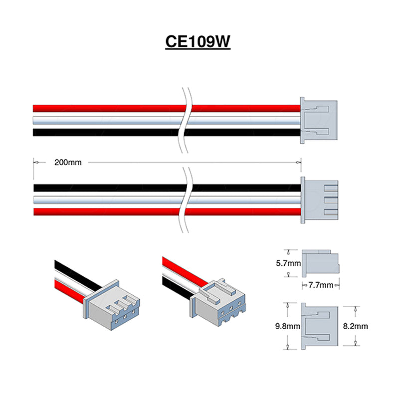 JST Type XHP-3 Male 24AWG Pin 1 Red, Pin 2 White, Pin 3 Black. 200mm Leads.