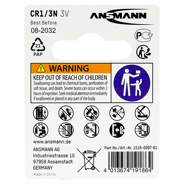 Ansmann CR1/3N LiMnO2 Battery replaces CR1/3N, CR11108, 2L76