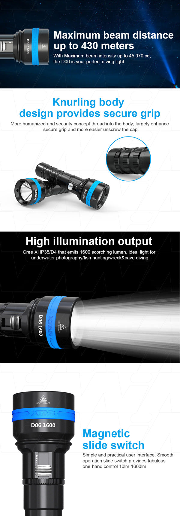 XTAR D06-1600 1600 lumen professional diving flashlight fitted with CREE LED complete with battery, AC & DC charger and accessories