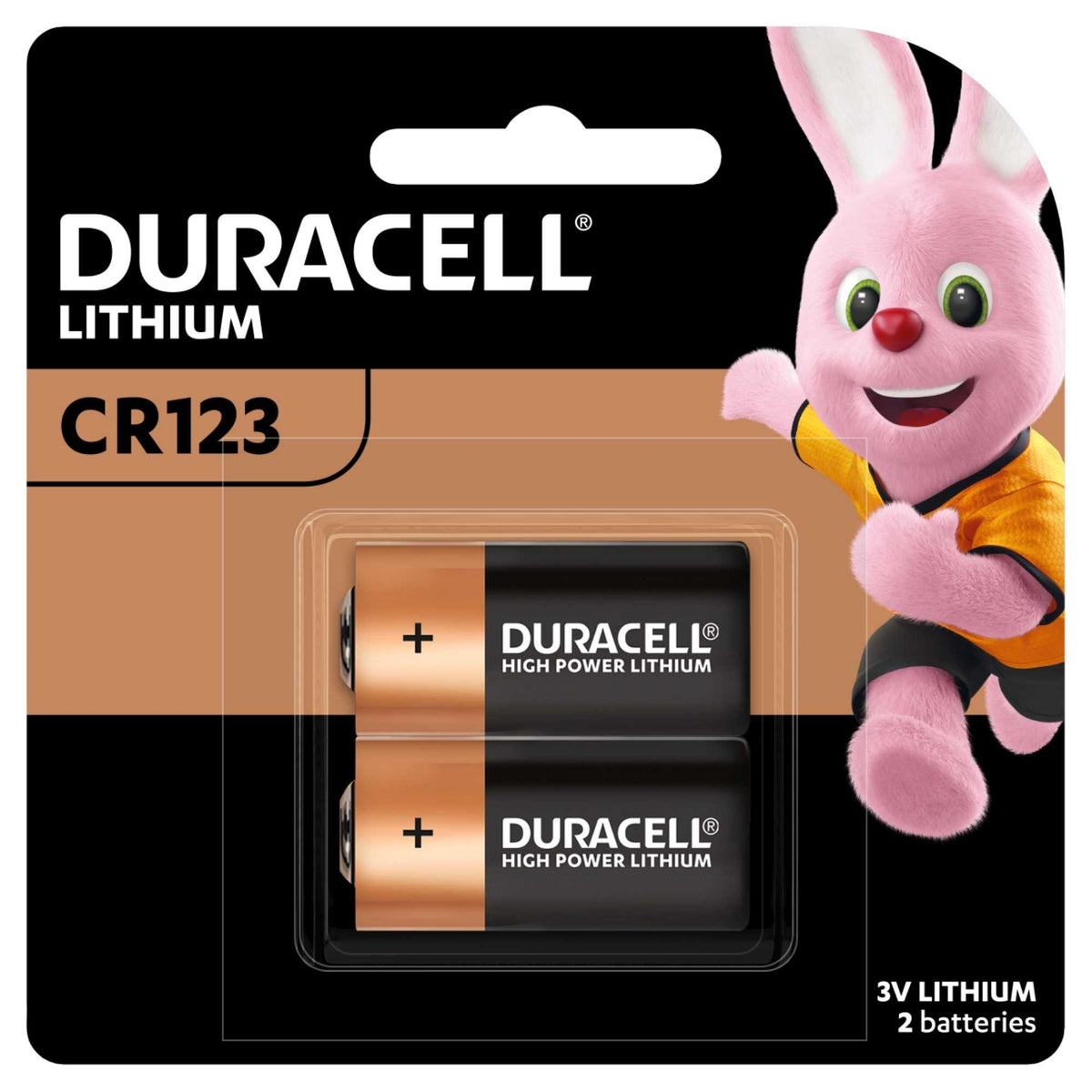 Duracell CR123A 3V Lithium Battery 2 pack front view