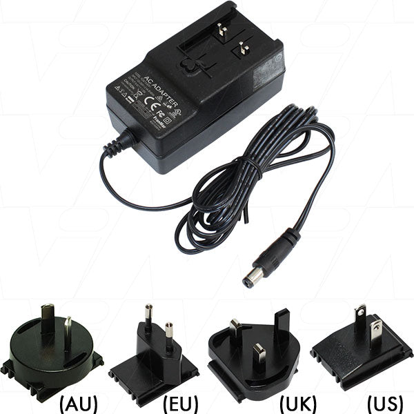 8.4VDC 1.35A Wall Mount Type LiIon Battery Charger with 2.1mm DC Output. Interchangeable AC Plugs.