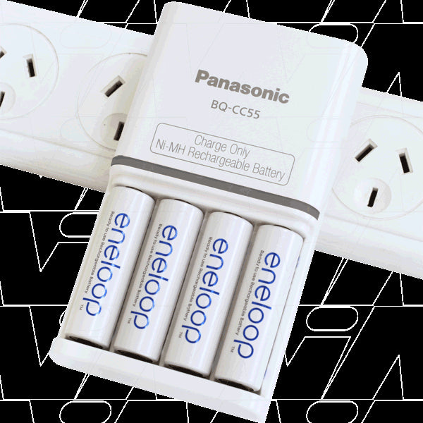 4 cell Eneloop quick charger packed with 4 x Eneloop AA 'ready to use' cells