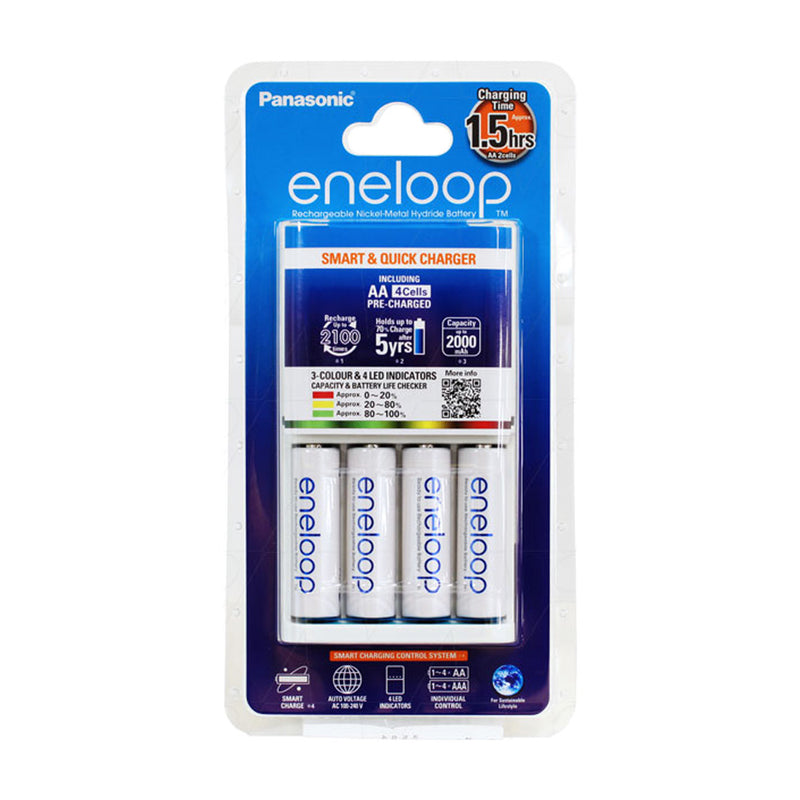 4 cell Eneloop quick charger packed with 4 x Eneloop AA 'ready to use' cells