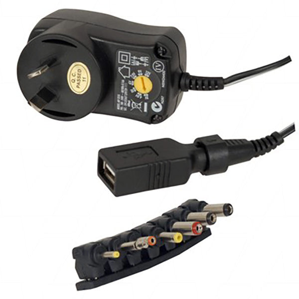 3-12V 600mA 7.2W Regulated switchmode power supply with 7 plug adaptors & USB Port