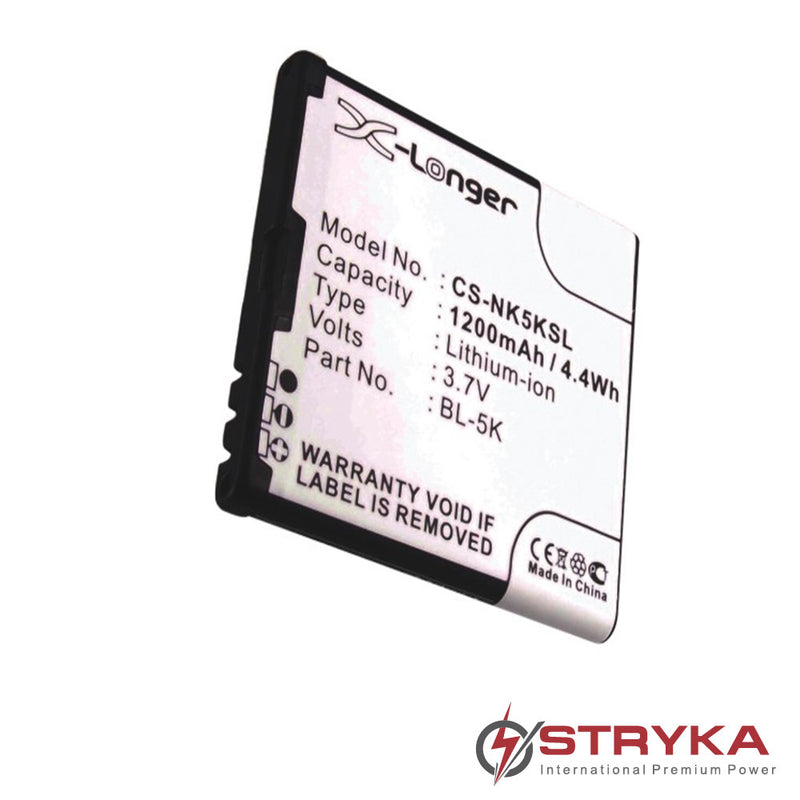Stryka mobile phone battery for NOKIA BL-5K 3.7V 1200mAh Li-ion